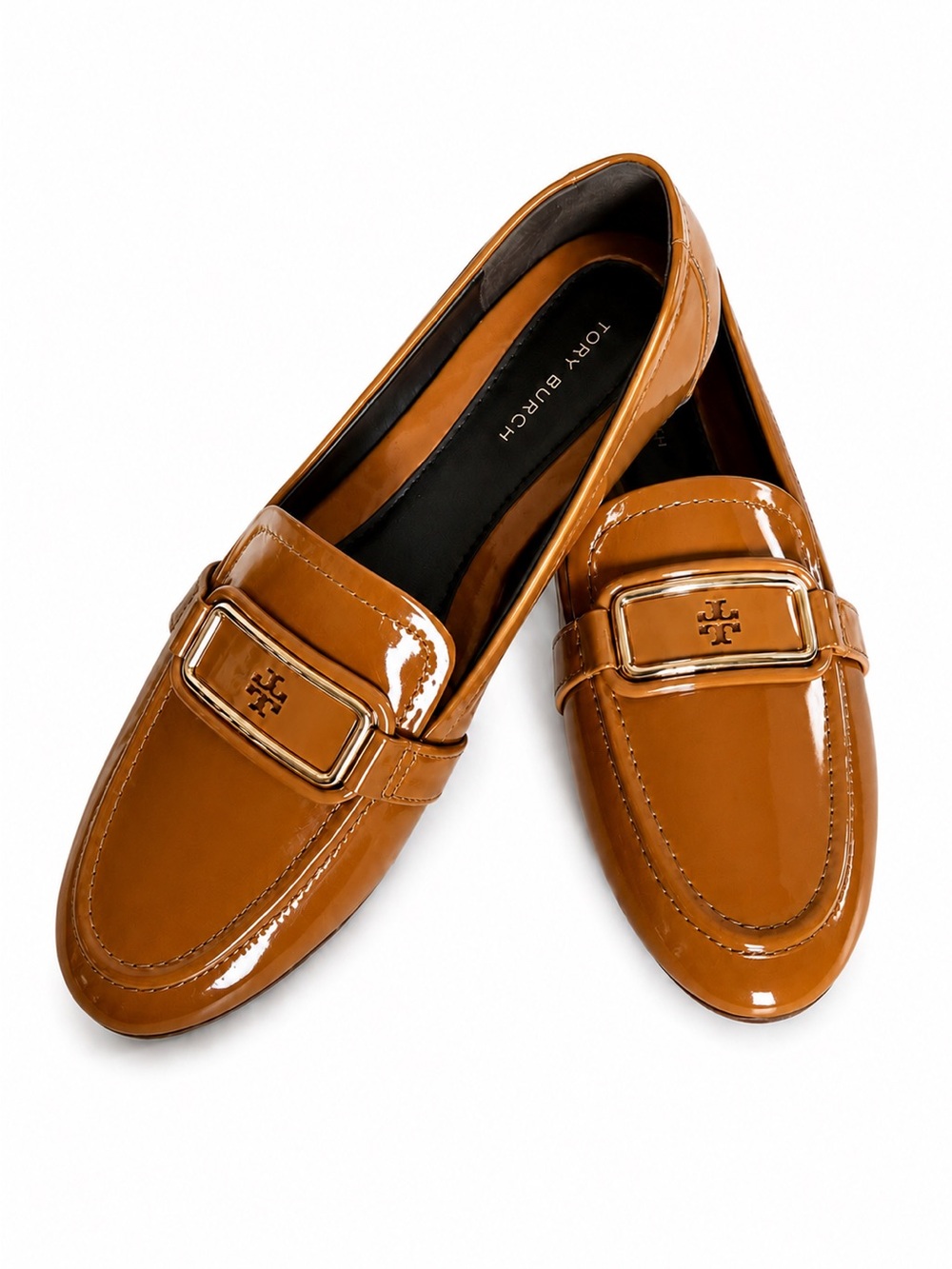 Tory Burch Georgia Cognac Patent Leather Loafers with Gold Buckle NWT